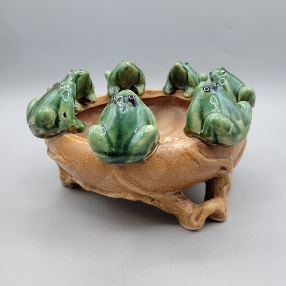Vintage Ceramic Frog Planter Green Frogs on Edge Majolica Asian Style - Picture 1 of 11